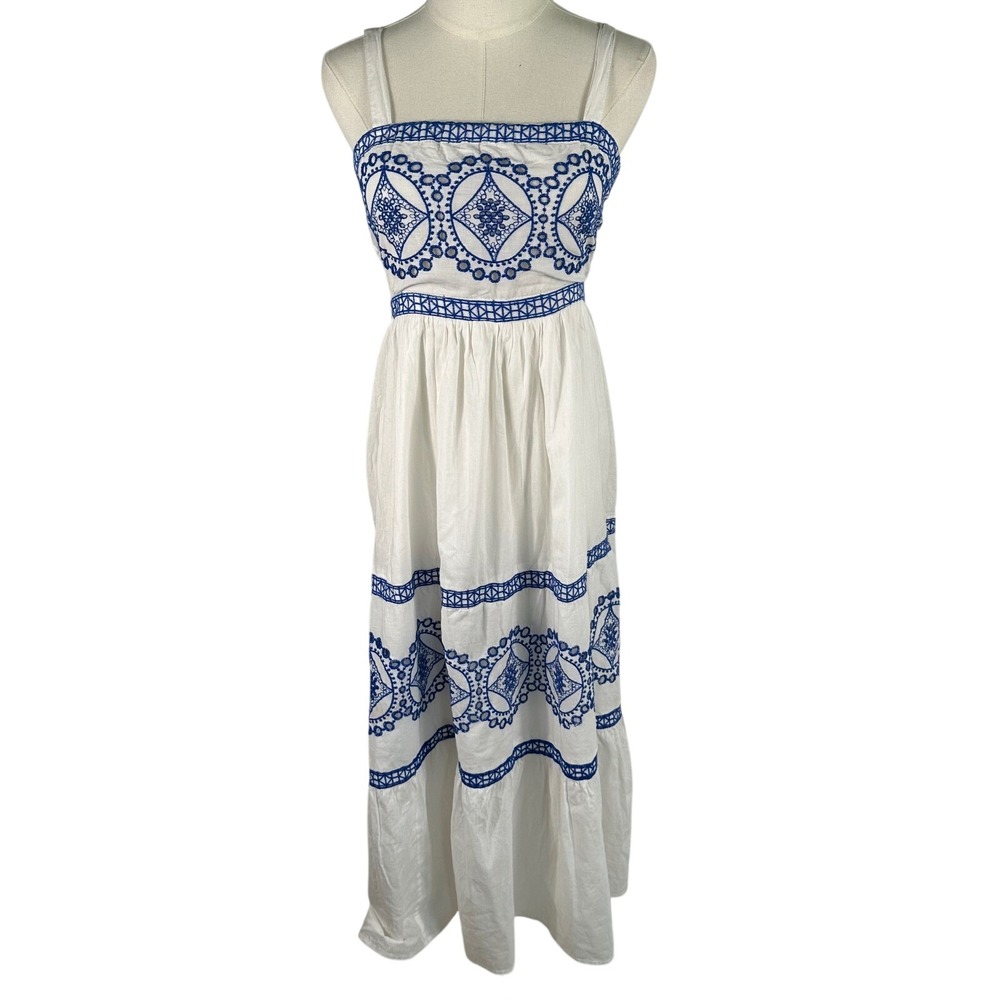 NAOO Cotton Eyelet Midi Dress Women S White Blue Embroidered‎ Sundress Smocked